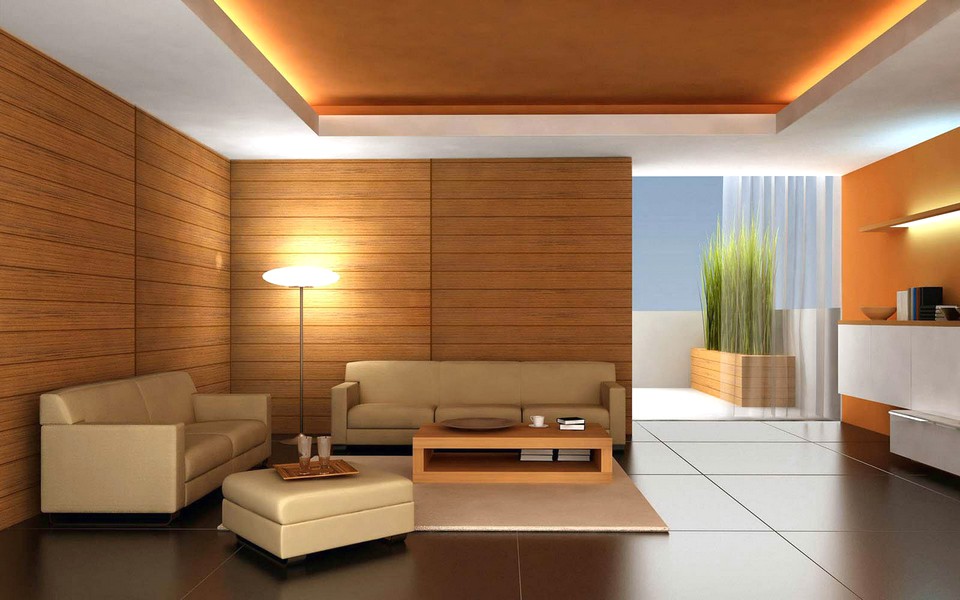 Ide Desain Wallpaper Dinding Ruang Tamu Minimalis Motif Kayu Elegan Mewah stylish Terbaru Warna Cokelat Orange