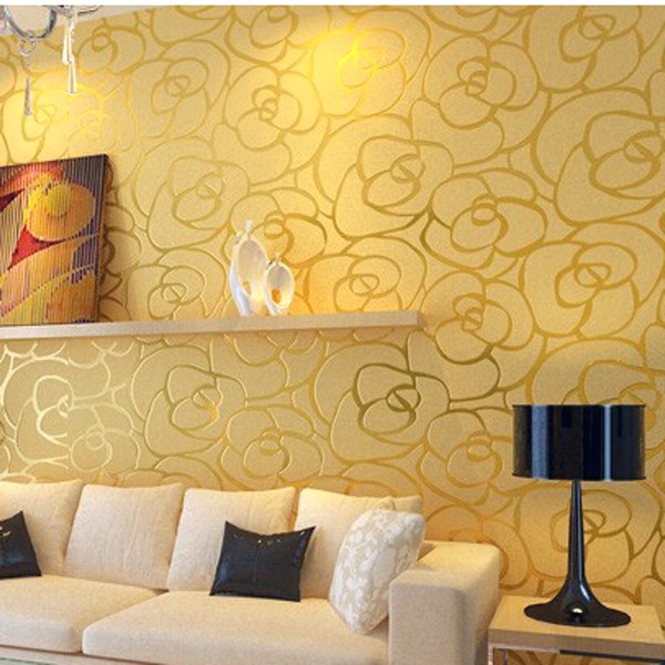 Mempesona Ide Desain Wallpaper Dinding Ruang Tamu Minimalis Motif Mawar Emas Elegan Mewah Nyaman Modern Terbaru