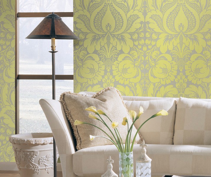 Tradisional Ide Desain Wallpaper Dinding Ruang Tamu Minimalis Motif Bunga Kuning Elegan Mempesona Cantik Mewah Terbaru