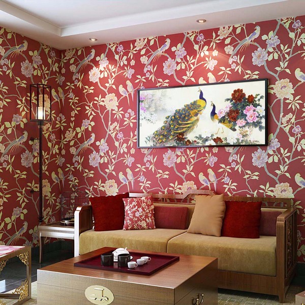 Wallpaper Dinding Ruang Tamu Minimalis Pink Motif Bunga Burung Nyaman Elegan Mempesona Mewah Terbaru